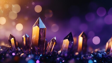 Poster - Magical crystal quartz points rising from dark surface against purple and gold bokeh background, mystical mineral formation with glowing light effects.