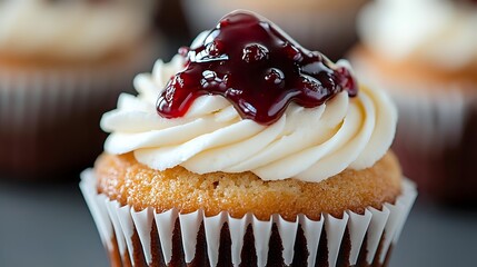 Poster - Vanilla cupcake topped with swirled buttercream frosting and dark cherry sauce drizzle, served in striped paper liner, macro food photography with selective focus.