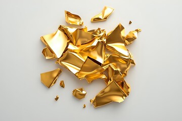 Poster - Crumpled pieces of shiny gold foil scattered on white background creating abstract luxury composition with dramatic shadows and metallic texture.