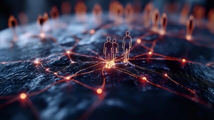 Poster - Glowing network connections with silhouettes of business people standing at intersection points. Abstract digital transformation concept on dark background.