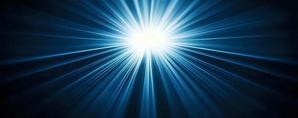 Poster - Bright starburst light effect with intense blue rays radiating from center point against dark background, creating dramatic radial illumination pattern.