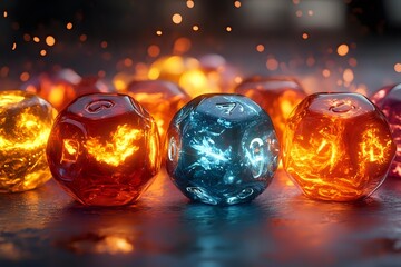 Poster - Glowing glass spheres in orange and blue colors with magical light effects create mystical atmosphere against dark background with bokeh lights.