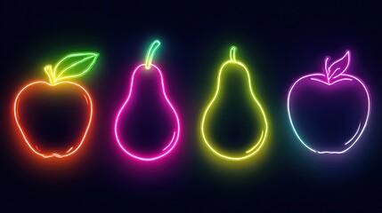 Poster - Neon Glow Outlines of Fruits Create Vibrant Shapes Against a Dark Background Showcasing Colorful Designs in Contemporary Art