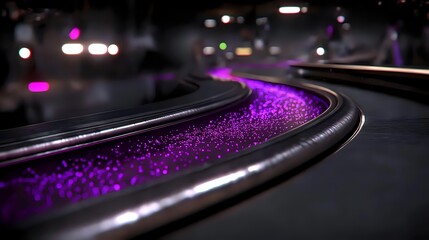 Poster - Curved metallic rail with vibrant purple glitter scattered along dark surface creates dramatic contrast against blurred nighttime background with bokeh lights.