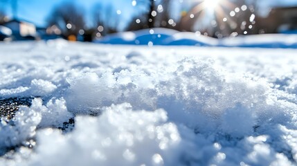 Poster - Fresh snow crystals glisten in bright sunlight creating magical winter atmosphere with natural bokeh effect and blurred background, macro close-up view.