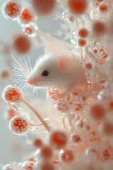 Poster - White mouse among translucent red spherical particles in soft pastel colors, creating dreamy scientific atmosphere for medical or research concepts.