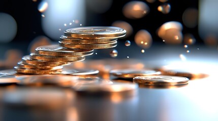Poster - Stacks of golden coins scattered on reflective surface with blurred bokeh lights in background, creating wealth and financial prosperity concept.