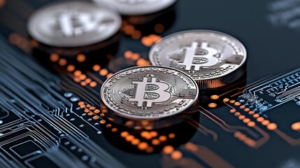 Poster - Silver cryptocurrency coins on circuit board with glowing orange elements, representing digital money and blockchain technology in modern finance.