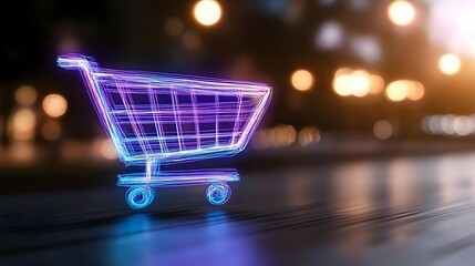 Poster - Glowing neon shopping cart on dark background with bokeh lights, modern retail concept representing digital commerce and online shopping experience.