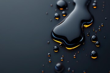Poster - Dark liquid spill with glowing golden edges and scattered droplets on black surface creates dramatic contrast and mysterious atmosphere for luxury design projects.