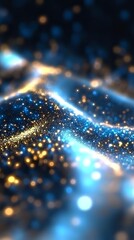 Poster - Abstract wave of glowing golden and blue particles flowing with bokeh effect on dark background, creating magical light trails and sparkling atmosphere.