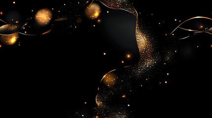 Poster - Magical golden glowing particles and sparkles flowing in cosmic space against black background create ethereal celestial atmosphere for mystical designs.