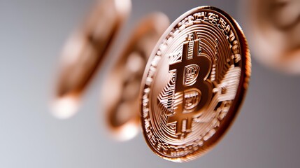 Poster - Copper-colored cryptocurrency coin with bitcoin symbol shown in macro detail against blurred background, highlighting digital currency concept and financial technology.