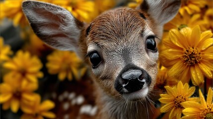 Canvas Print -   A close-up shot of a deer surrounded by yellow flowers in the background and floral details in the foreground