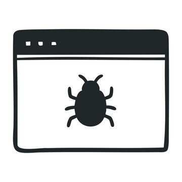 Bug icon on webpage window representing computer virus. Hand drawn vector illustration