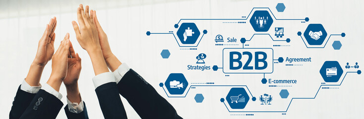 Poster - Office worker team stacking hand together symbolize successful group of business partnership and strong collective unity teamwork in community workplace in panoramic banner. Shrewd Amity