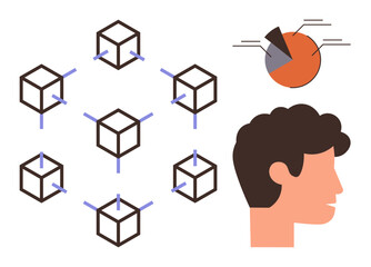 Poster - Blockchain grid linked by lines, pie chart representing data, and human profile symbolizing ideas. Ideal for innovation, technology, data, blockchain, connection analytics teamwork. Simple flat