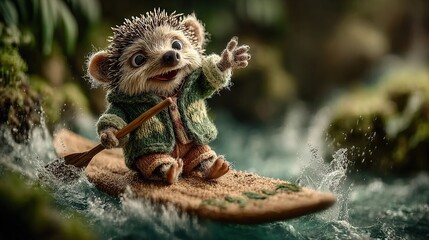 Canvas Print -   A hedgehog rides a surfboard down a river, holding a paddle