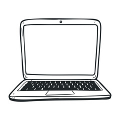Aufkleber - Black and white sketch of open laptop with blank screen in minimalist style. Hand drawn vector illustration