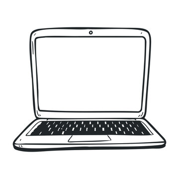 Black and white sketch of open laptop with blank screen in minimalist style. Hand drawn vector illustration