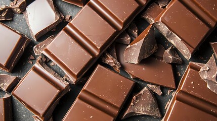 Poster - Broken milk chocolate bars and pieces arranged in diagonal pattern showing texture and layers. Close up view of sweet dessert ingredients for baking.