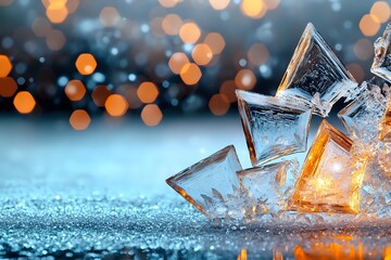 Poster - Glowing crystal stars on frosty surface with warm bokeh lights in background creating magical winter holiday atmosphere and festive mood.