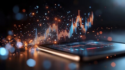 Poster - Financial market data visualization with glowing orange and blue trading charts rising above smartphone screen, sparkling bokeh effect in dark background.