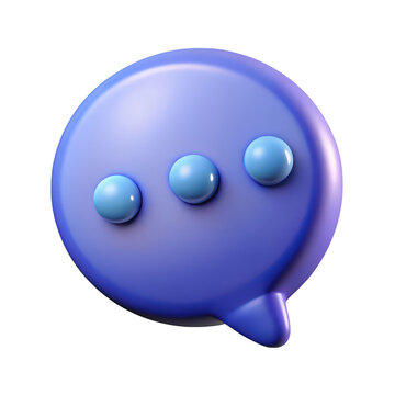 A 3d rendered purple speech bubble with three light blue dots indicating ongoing conversation isolated on transparent background
