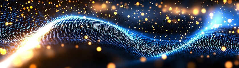 Aufkleber - Glowing wave of digital particles with golden bokeh lights flowing on dark background creates futuristic technology visualization effect.