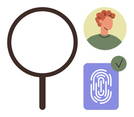 Poster - Magnifying glass focusing on user profile and fingerprint authentication with a checkmark. Ideal for identity verification, security, biometrics, research, user data, privacy, and digital access. A