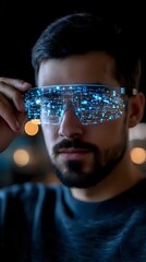 Poster - Young bearded man wearing futuristic smart glasses with glowing blue digital display showing technological interface against dark background with bokeh lights.
