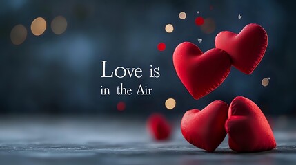 Poster - Red plush hearts floating with bokeh lights and romantic text on dark blue background, creating dreamy Valentine's Day atmosphere for greeting cards and social media.