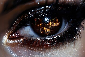 Poster - Extreme macro shot of brown eye with glowing city lights reflection in pupil, dramatic eyelashes and detailed iris texture creating futuristic cyberpunk atmosphere.