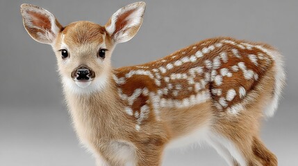 Canvas Print -   A white-brown baby deer stands on a white-brown floor beside a white-brown wall and against a gray background