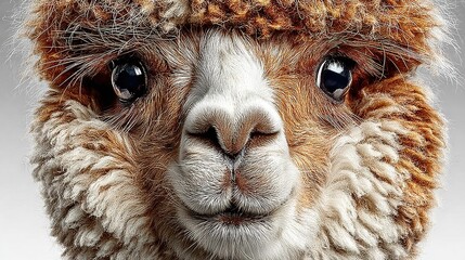 Canvas Print -   A clear picture of a llama's face, with a fluffy hat positioned on its head