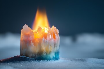 Poster - Glowing crystal candle with orange flame on snowy surface against dark background creates magical winter atmosphere. Ethereal light illuminates translucent mineral.