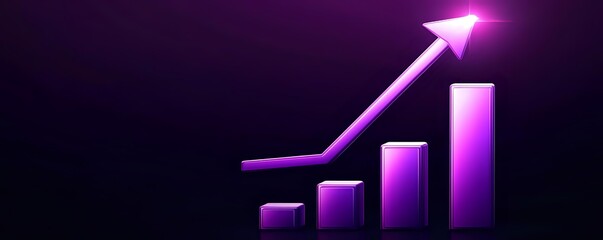 Poster - Growing bar chart with glowing purple neon arrow showing upward trend on dark background, business success and growth concept visualization.