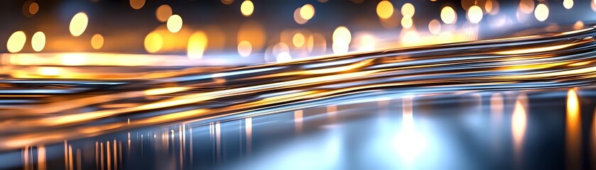 Poster - Glowing golden light trails and bokeh reflections on smooth water surface create atmospheric abstract background with warm illumination and depth effect.