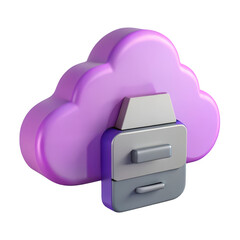 Poster - Stylized 3d rendering of a purple cloud connected to a gray filing cabinet with two drawers isolated on transparent background
