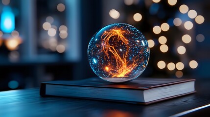 Poster - Magical glowing crystal ball with fiery dragon silhouette inside rests on book against blurred bokeh lights background, creating mystical fantasy atmosphere.