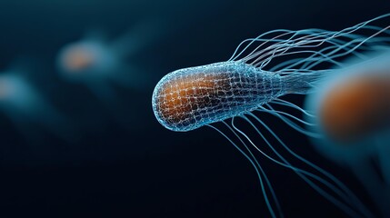 Poster - Microscopic view of bacteria with flagella on dark blue background showing cellular structure and movement. Scientific visualization for medical research.