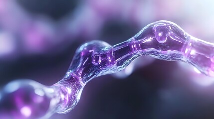 Poster - Glowing purple neuron synapse connection on dark background with bokeh effect shows electrical impulse transmission in nervous system biology concept.