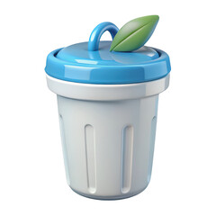 Aufkleber - Stylized 3d rendering of a modern white trash can with a blue lid and green leaf accent isolated on transparent background