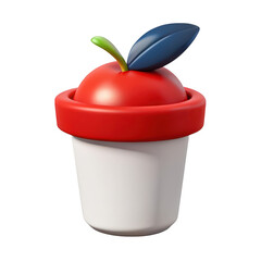 Poster - A stylized 3d rendering of a red apple with a green stem and blue leaf atop a white cup with a red rim isolated on transparent background