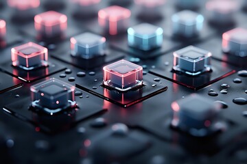 Poster - Illuminated mechanical keyboard switches with pink and blue LED backlighting on black surface, close-up view showing technical gaming equipment details.