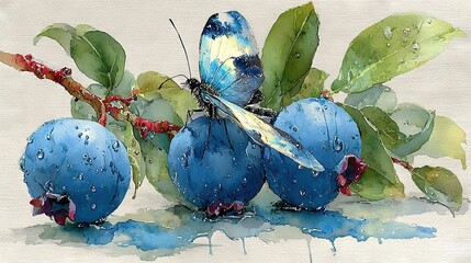Wall Mural - watercolor illustration of blue fruits and a butterfly perched atop one, set among green foliage