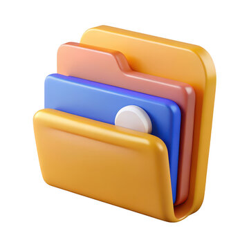 Stylized 3d rendering of a folder with multiple documents and a circular tab isolated on transparent background