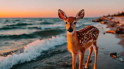 Canvas Print -   A small deer stands atop a beach beside a body of water