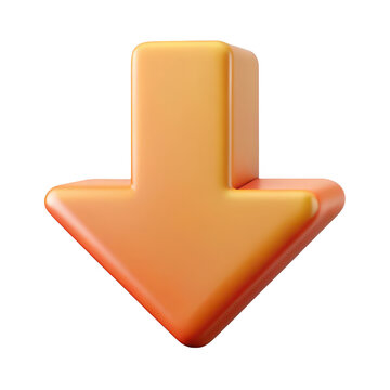 A 3d rendered orange downward pointing arrow with soft rounded edges isolated on transparent background