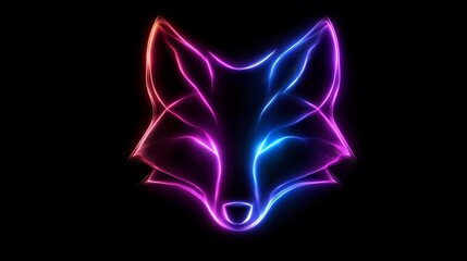 Poster - Glowing neon fox head outline in pink and blue gradient colors on black background, minimalist line art style for modern logo and branding designs.